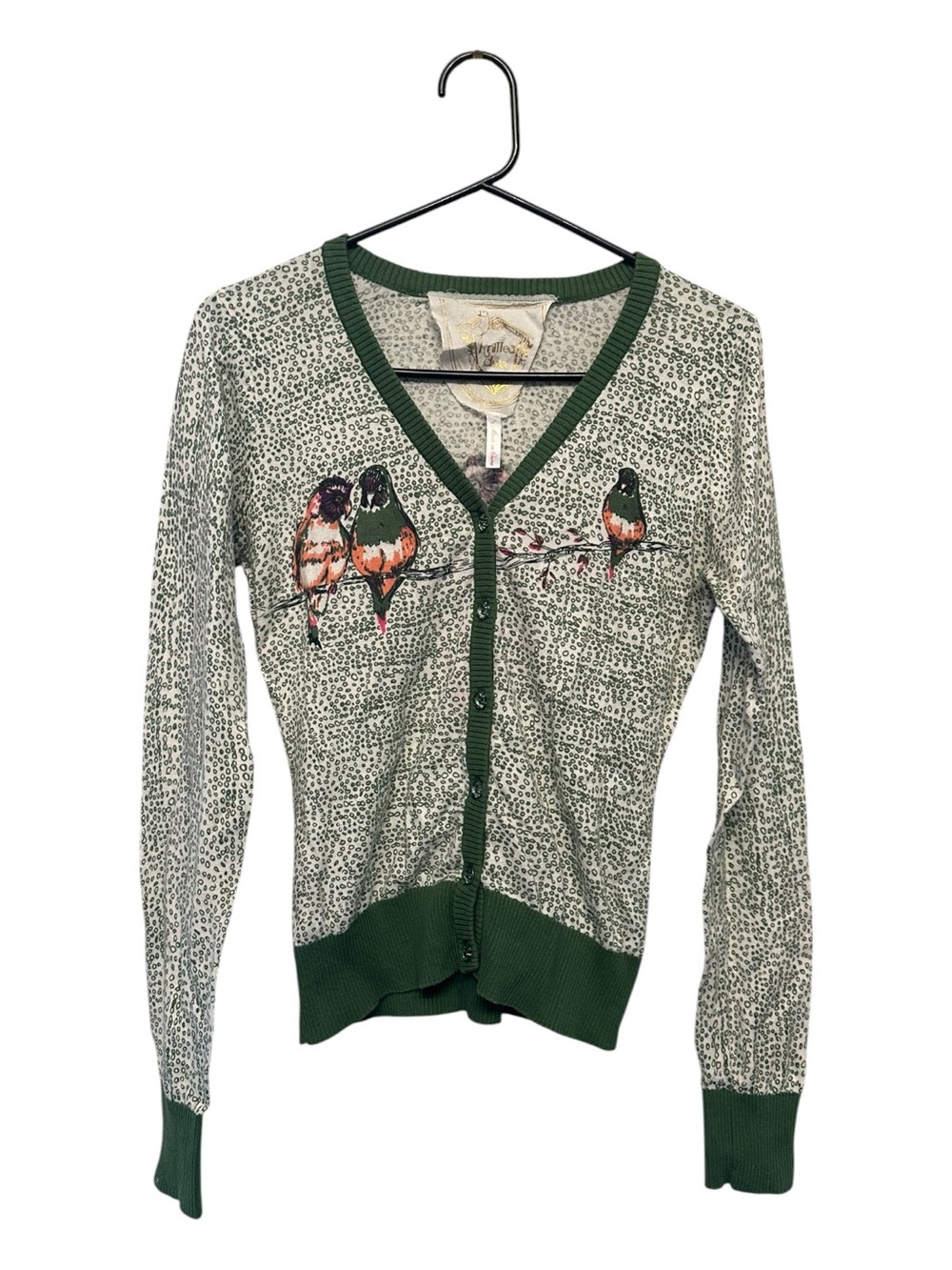 Knitted Dove Green Bird Print V-Neck Cardigan Sweater Size Small